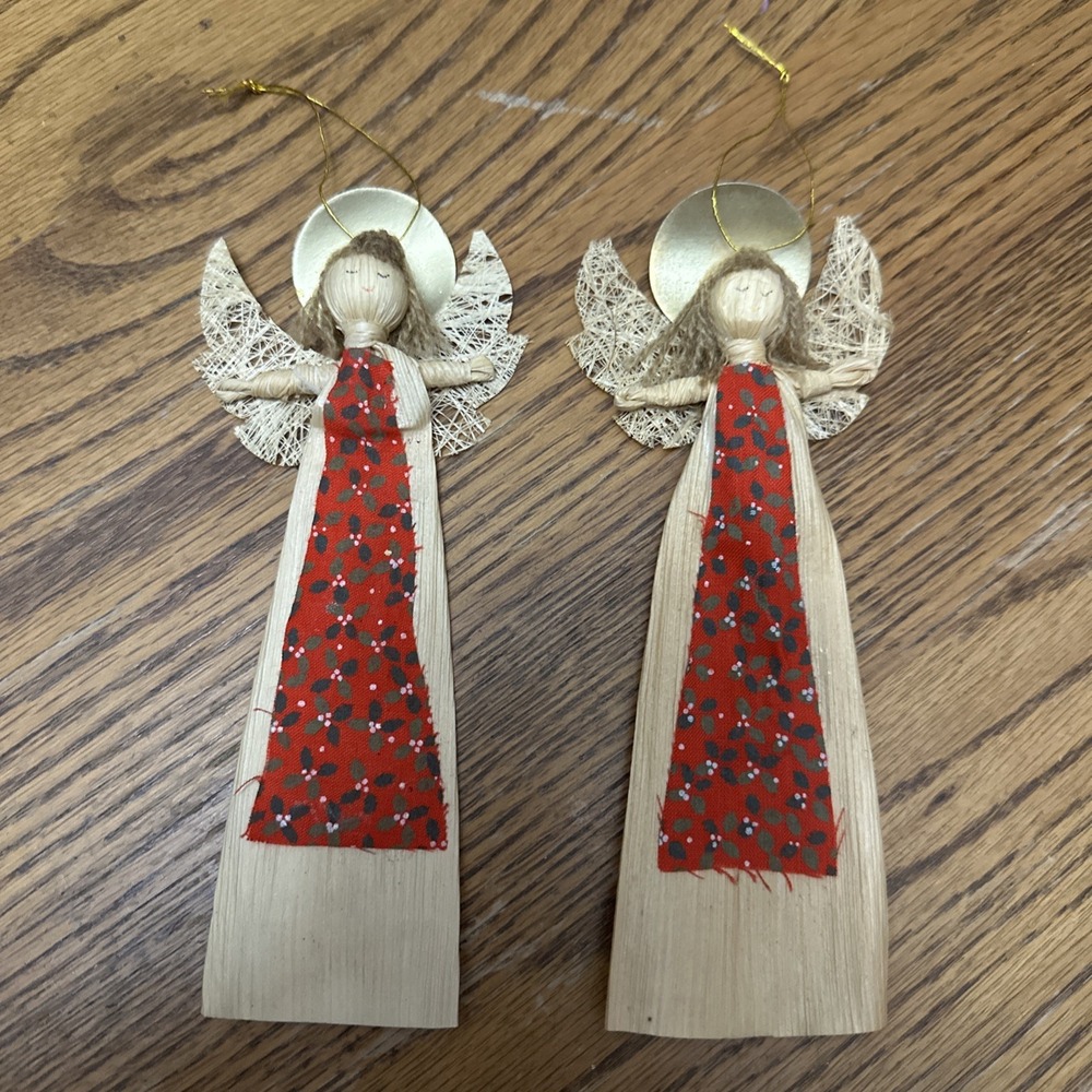 Pair Of‎ Vintage Corn Husk Angel Christmas Ornaments